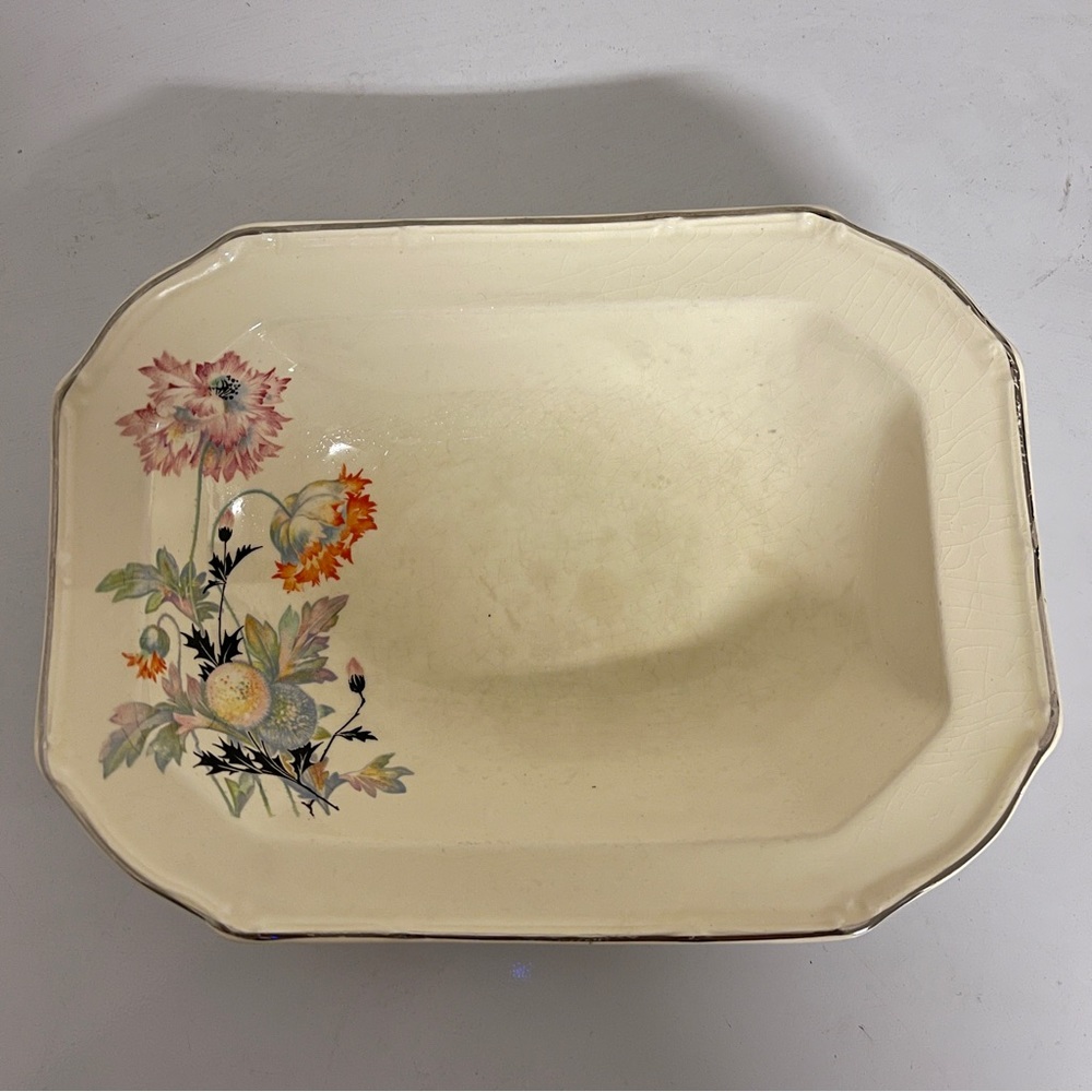 1920s Antique Taylor Smith TST Co. Vegetable Bowl Pink Flowers Silver Trim